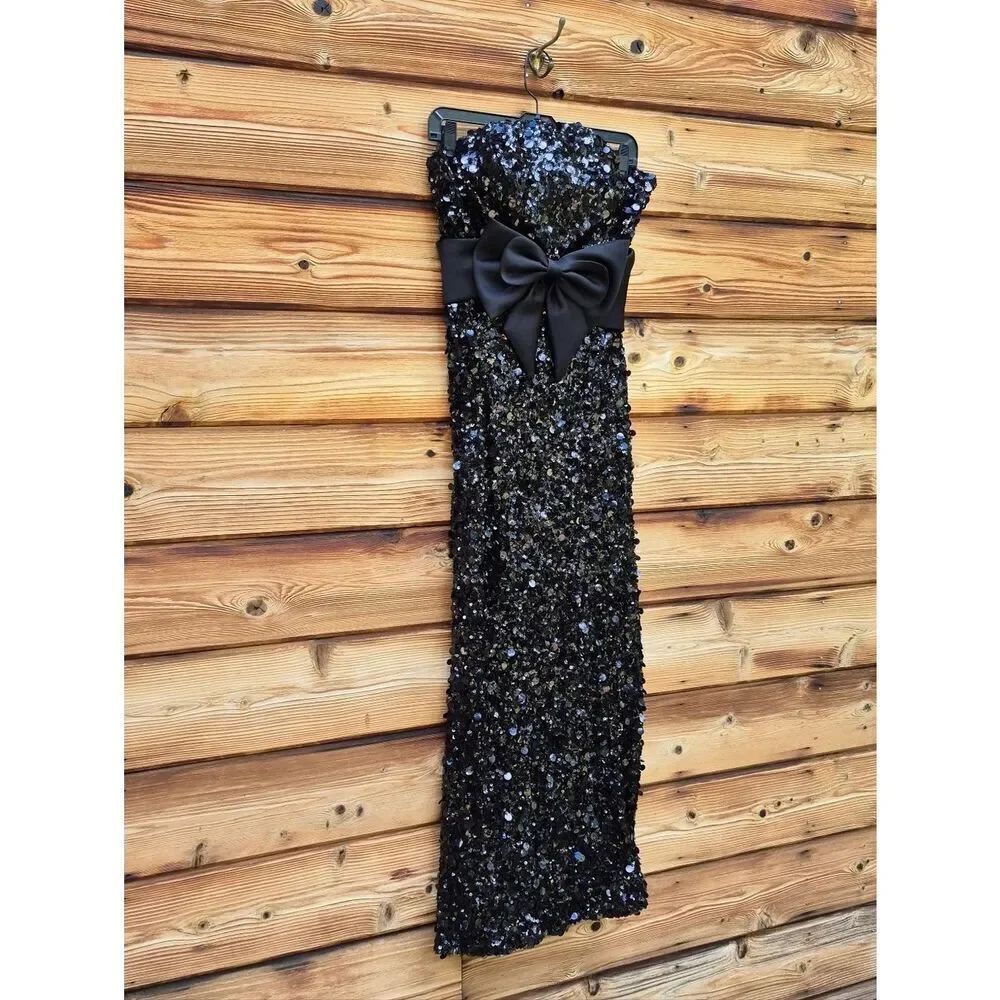 NEW Mac Duggal 27761 Black Strapless Sequin Evening Gown With Bow Size 6 - Picture 7 of 14